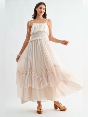 A671. Caldera Cream Ruffle Tiered Maxi Dress with Smocked Waist